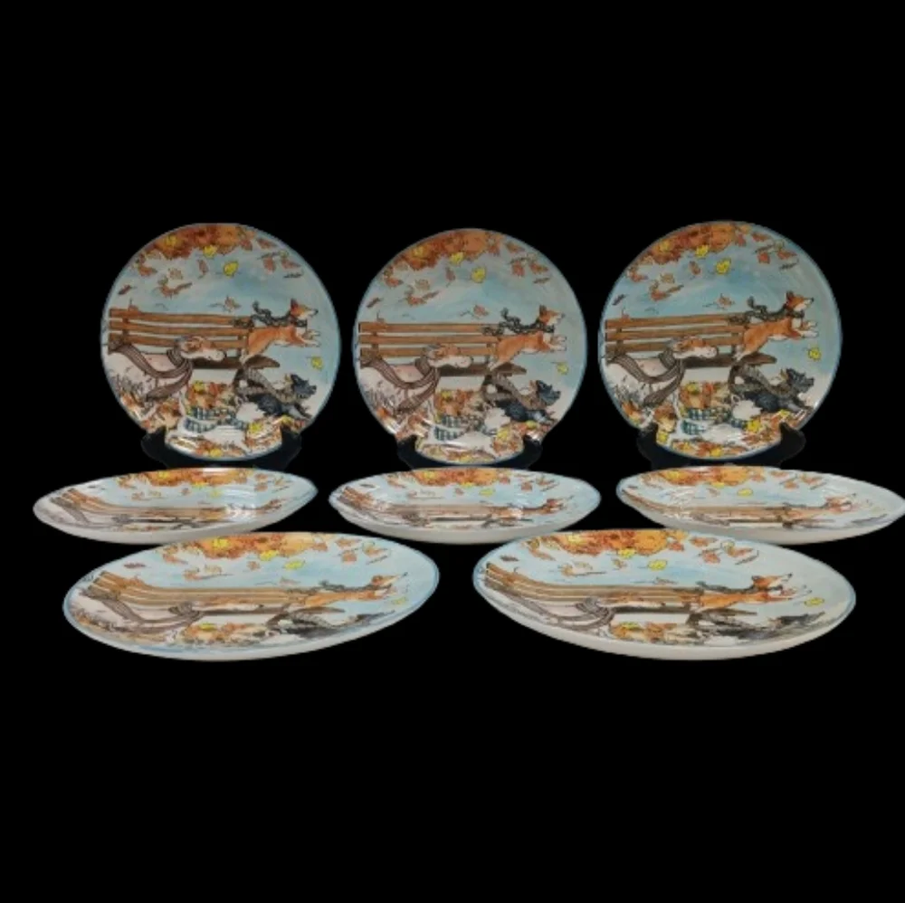 *Pier 1 Autumn Park Bench Pups Plates Set of 8